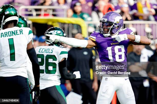 Justin Jefferson of the Minnesota Vikings celebrates after a first down catch during the second quarter against the New York Jets at U.S. Bank...