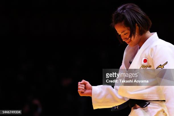 Uta Abe of Japan reacts after defeating Ai Shishime of Japan in the Women’s - 52kg Final on day two of the Judo Grand Slam at Tokyo Metropolitan...