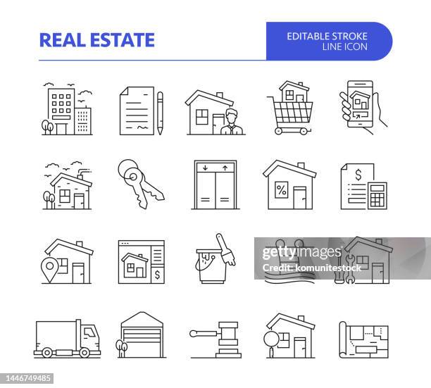 real estate related line vector icon set. editable stroke. real estate agent, mortgage, house rental. - house key stock illustrations