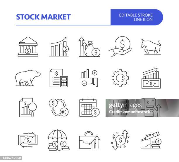 börsenbezogener linienvektor-symbolsatz. bearbeitbarer strich. bullenmarkt, bärenmarkt, wechselkurs, börsendaten. - bull icon stock-grafiken, -clipart, -cartoons und -symbole