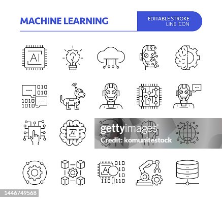 Machine Learning Related Line Vector Icon Set. Editable Stroke. Artificial Intelligence, Automated, Technology, Robotics. Machine Learning Related Line Vector Icon Set. Editable Stroke. Artificial Intelligence, Automated, Technology, Robotics.