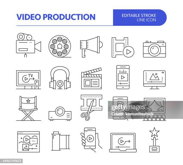 video production related line vector icon set. editable stroke. filming, director, youtuber, broadcasting. - crew stock illustrations