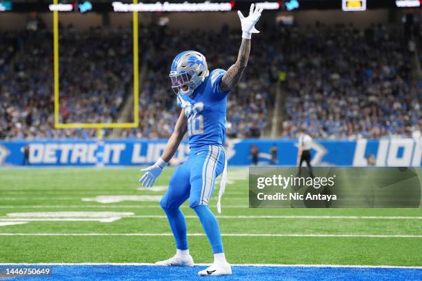 Chase Lucas of the Detroit Lions reacts after a kickoff return during the third quarter of the game against the Jacksonville Jaguars at Ford Field on...