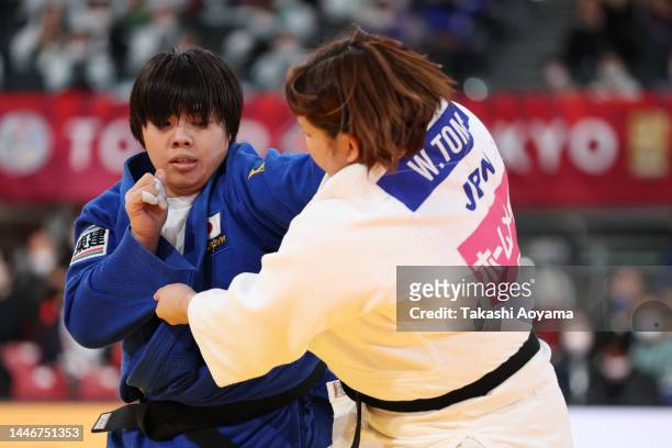 Akira Sone of Japan competes against Wakaba Tomita of Japan in the Women’s + 78kg Semi Final on day two of the Judo Grand Slam at Tokyo Metropolitan...