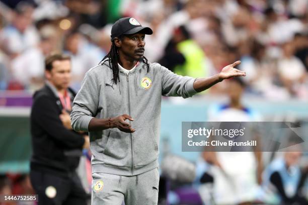 Aliou Cisse, Head Coach of Senegal, looks on during the FIFA World Cup Qatar 2022 Round of 16 match between England and Senegal at Al Bayt Stadium on...