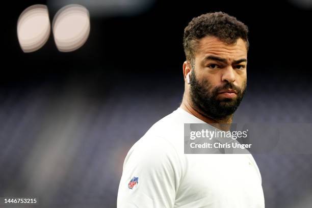 Kyle Van Noy of the Los Angeles Chargers warms up prior to a game against the Las Vegas Raiders at Allegiant Stadium on December 04, 2022 in Las...