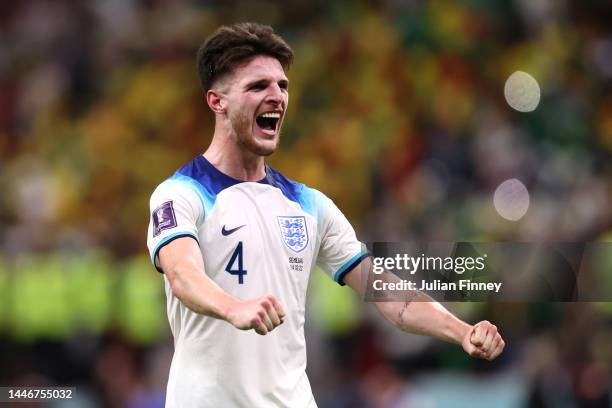 Declan Rice of England applauds fans after the 3-0 win during the FIFA World Cup Qatar 2022 Round of 16 match between England and Senegal at Al Bayt...