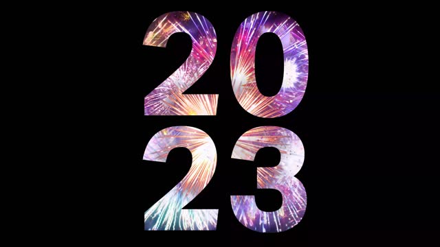 2023 Happy New Year Fireworks Concept. Isolated on black background.
