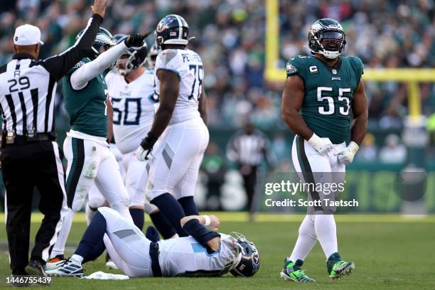 Brandon Graham of the Philadelphia Eagles celebrates after sacking Ryan Tannehill of the Tennessee Titans during the third quarter at Lincoln...