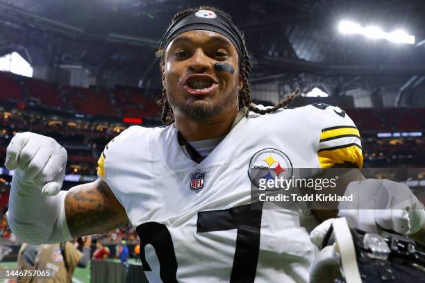 Marcus Allen of the Pittsburgh Steelers celebrates after defeating the Atlanta Falcons at Mercedes-Benz Stadium on December 04, 2022 in Atlanta,...