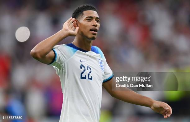 Jude Bellingham of England celebrates after the team's victory during the FIFA World Cup Qatar 2022 Round of 16 match between England and Senegal at...