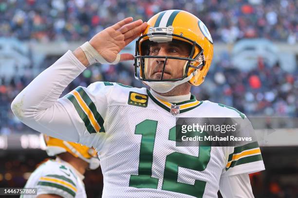 Aaron Rodgers of the Green Bay Packers celebrates after a successful two-point conversion against the Chicago Bears during the fourth quarter of the...