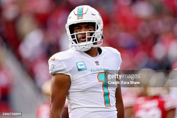 Tua Tagovailoa of the Miami Dolphins celebrates after throwing a touchdown pass during the first quarter against the San Francisco 49ers at Levi's...