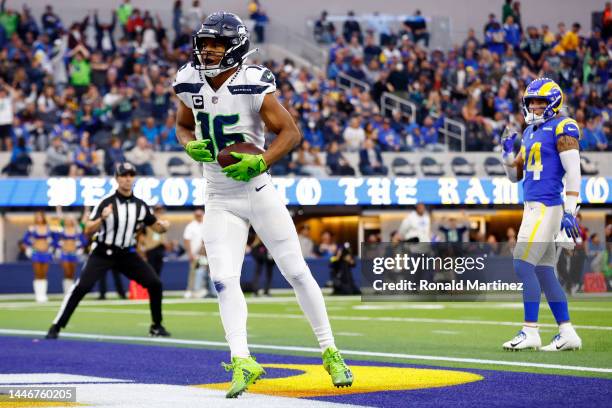 Tyler Lockett of the Seattle Seahawks celebrates after his touchdown during the first quarter of the game against the Los Angeles Rams at SoFi...