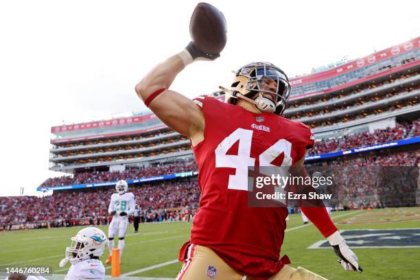 Kyle Juszczyk of the San Francisco 49ers celebrates after scoring a touchdown during the first quarter against the Miami Dolphins at Levi's Stadium...