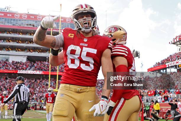 George Kittle of the San Francisco 49ers and Kyle Juszczyk of the San Francisco 49ers celebrates after Juszcyk's touchdown during the first quarter...