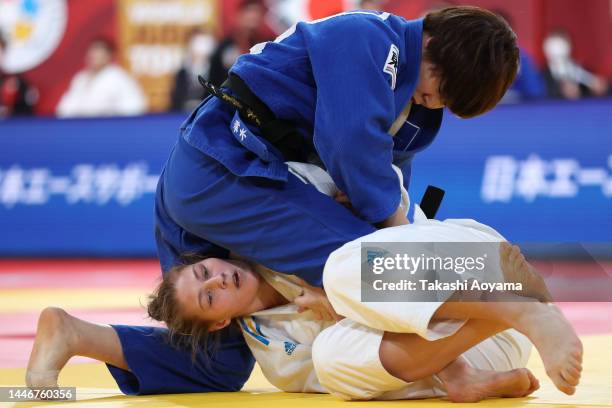 Yelyzaveta Lytvynenko of Ukraine competes against Mami Umeki of Japan in the Women’s - 78kg Repechage match on day two of the Judo Grand Slam at...