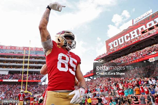George Kittle of the San Francisco 49ers celebrates after Kyle Juszczyk of the San Francisco 49ersscores a touchdown during the first quarter against...