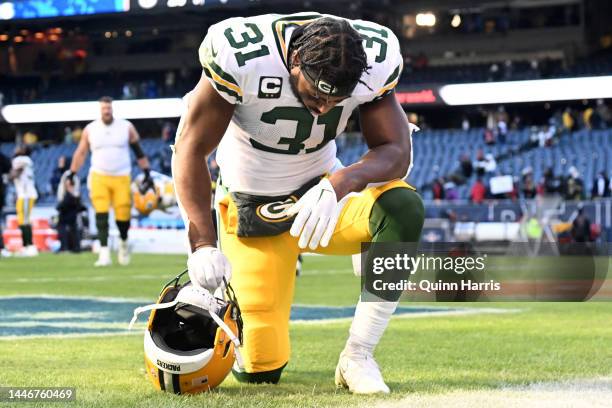 Adrian Amos of the Green Bay Packers looks on after defeating the Chicago Bears at Soldier Field on December 04, 2022 in Chicago, Illinois.