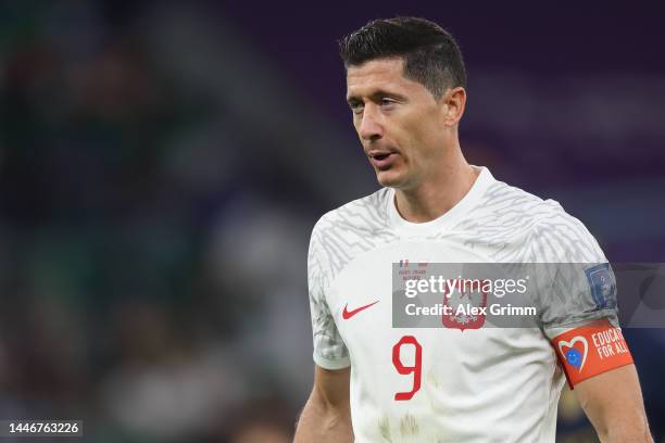 Robert Lewandowski of Poland reacts during the FIFA World Cup Qatar 2022 Round of 16 match between France and Poland at Al Thumama Stadium on...