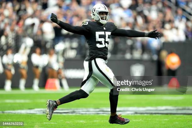 Chandler Jones of the Las Vegas Raiders reacts after a tackle to force a turnover on downs in the first quarter of a game against the Los Angeles...