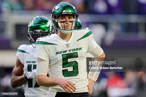 Mike White of the New York Jets reacts during the fourth quarter against the Minnesota Vikings at U.S. Bank Stadium on December 04, 2022 in...