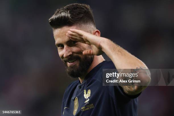 Olivier Giroud of France celebrates after scoring the team's first goal during the FIFA World Cup Qatar 2022 Round of 16 match between France and...