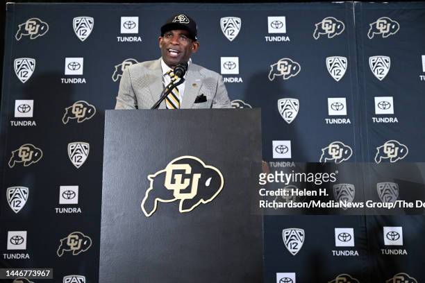 Deion Sanders, CUs new head football coach, talks to a packed audience in the Arrow Touchdown Club during a press conference on December 4, 2022 in...