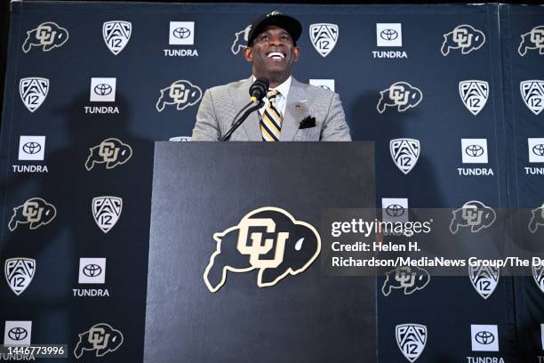 Deion Sanders, CUs new head football coach, talks to a packed audience in the Arrow Touchdown Club during a press conference on December 4, 2022 in...