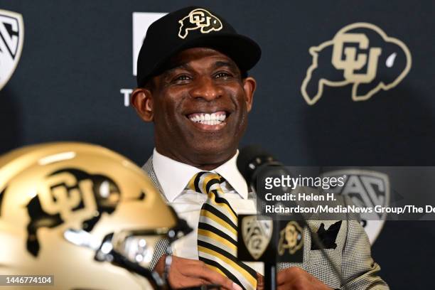 Deion Sanders, CUs new head football coach, takes questions in the Arrow Touchdown Club during a press conference on December 4, 2022 in Boulder,...