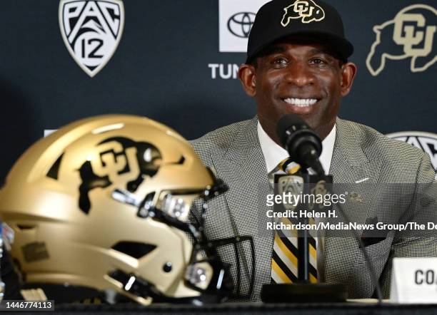 Deion Sanders, CUs new head football coach, takes questions in the Arrow Touchdown Club during a press conference on December 4, 2022 in Boulder,...