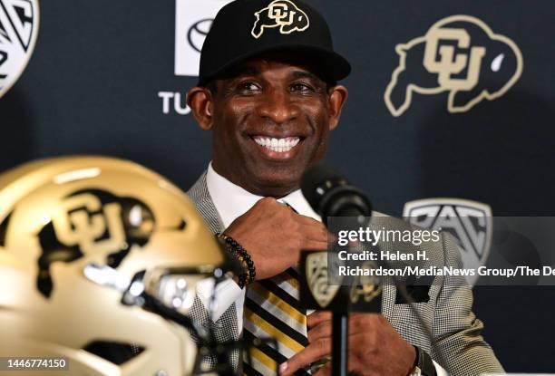 Deion Sanders, CUs new head football coach, takes questions in the Arrow Touchdown Club during a press conference on December 4, 2022 in Boulder,...