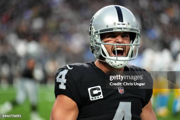 Derek Carr of the Las Vegas Raiders celebrates a touchdown pass in the third quarter of a game against the Los Angeles Chargers at Allegiant Stadium...