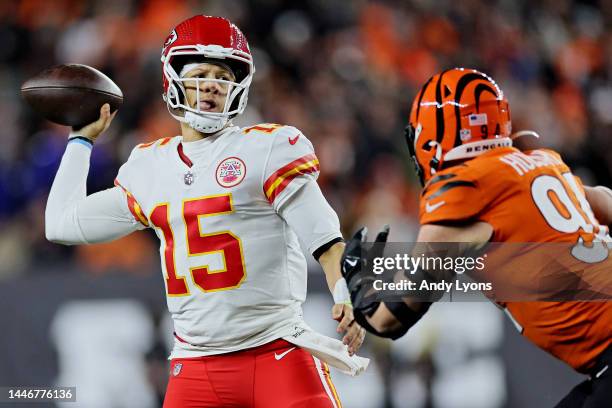 Patrick Mahomes of the Kansas City Chiefs throws a pass against the Cincinnati Bengals during the second half at Paycor Stadium on December 04, 2022...