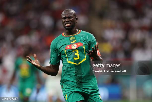 Kalidou Koulibaly of Senegal reacts during the FIFA World Cup Qatar 2022 Round of 16 match between England and Senegal at Al Bayt Stadium on December...