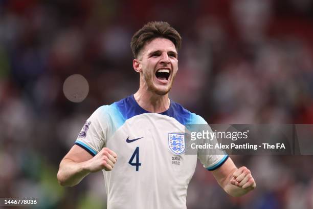 Declan Rice of England celebrates at full-time during the FIFA World Cup Qatar 2022 Round of 16 match between England and Senegal at Al Bayt Stadium...