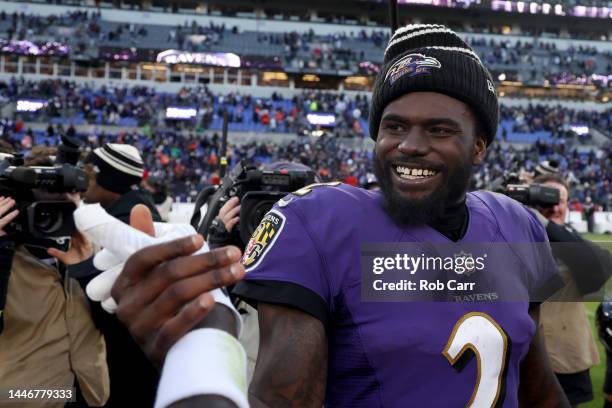 Quarterback Tyler Huntley of the Baltimore Ravens celebrates following the Ravens 10-9 win over the Denver Broncos at M&T Bank Stadium on December...