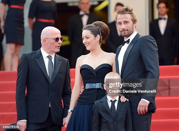 Director Jacques Audiard, actors Marion Cotillard, Armand Verdure and Matthias Schoenaerts attend the "De Rouille et D'os" Premiere during the 65th...