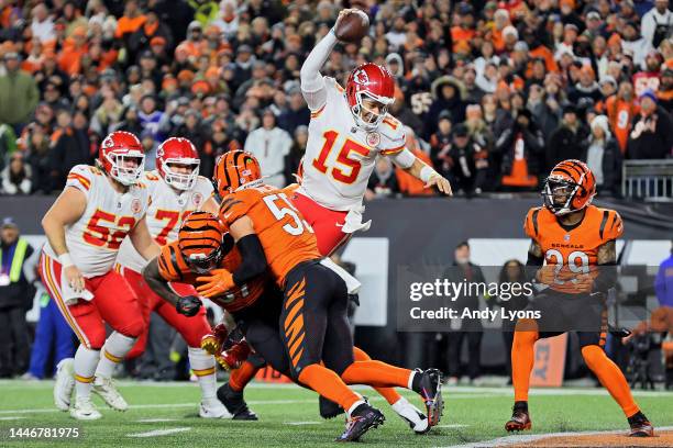Patrick Mahomes of the Kansas City Chiefs rushes for a touchdown against the Cincinnati Bengals during the third quarter of the game at Paycor...