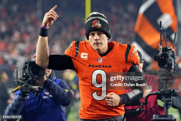 Joe Burrow of the Cincinnati Bengals runs off the field after the Kansas City Chiefs at Paycor Stadium on December 04, 2022 in Cincinnati, Ohio.