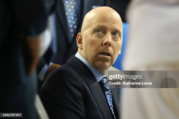 Head coach Mick Cronin of the UCLA Bruins looks on during a timeout in the second half of a game against the Oregon Ducks at UCLA Pauley Pavilion on...