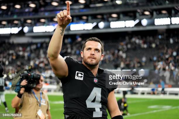 Derek Carr of the Las Vegas Raiders points to the crowd after the Raiders beat Los Angeles Chargers 27-20 at Allegiant Stadium on December 04, 2022...