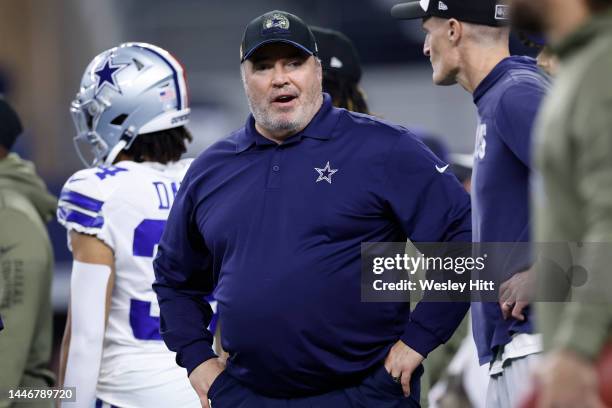 Head coach Mike McCarthy of the Dallas Cowboys looks on prior to a game against the Indianapolis Colts at AT&T Stadium on December 04, 2022 in...