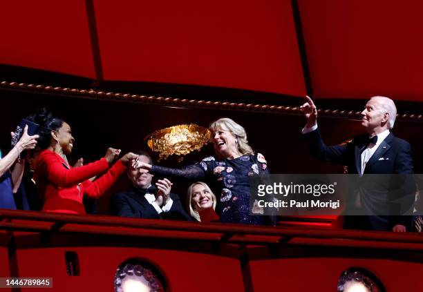 President Joe Biden and First Lady Jill Biden greet honoree Gladys Knight during the 45th Kennedy Center Honors ceremony at The Kennedy Center on...