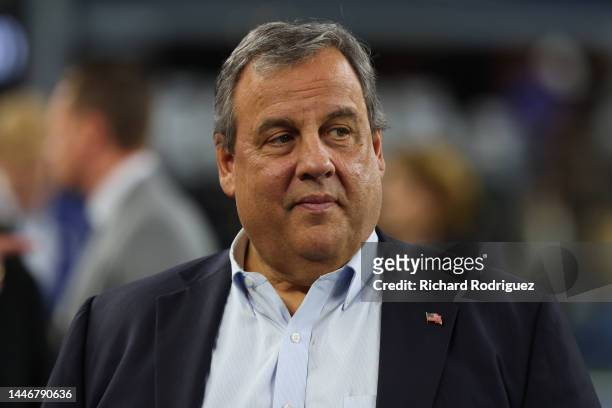 Former New Jersey Governor Chris Christie looks on prior to a game between the Indianapolis Colts and the Dallas Cowboys at AT&T Stadium on December...