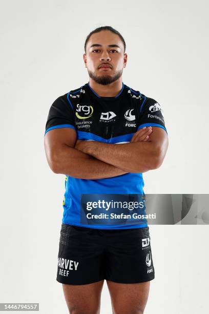 Daniel Ala poses during the Western Force 2023 Super Rugby headshots Session at Huzzard Studios on December 02, 2022 in Perth, Australia.