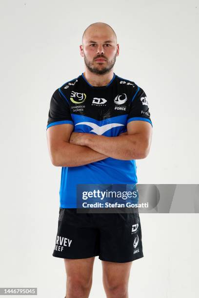 Michael Wells poses during the Western Force 2023 Super Rugby headshots Session at Huzzard Studios on December 02, 2022 in Perth, Australia.