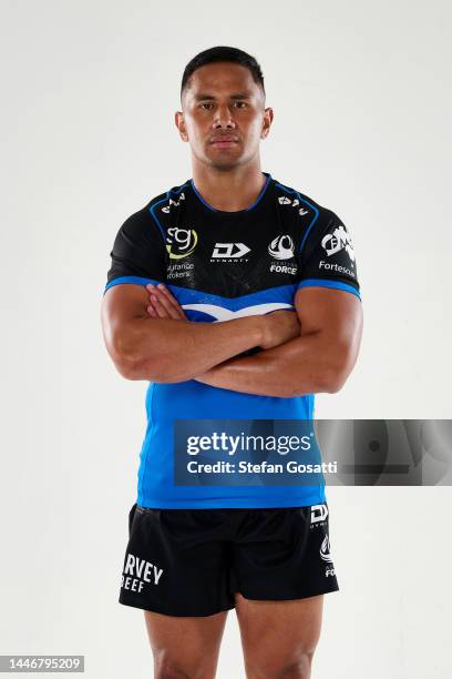 Toni Pulu poses during the Western Force 2023 Super Rugby headshots Session at Huzzard Studios on December 02, 2022 in Perth, Australia.