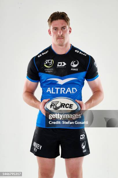 Jackson Pugh poses during the Western Force 2023 Super Rugby headshots Session at Huzzard Studios on December 02, 2022 in Perth, Australia.