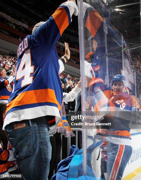 Brock Nelson of the New York Islanders celebrates his goal at 15:14 of the second period against the Chicago Blackhawks at the UBS Arena on December...